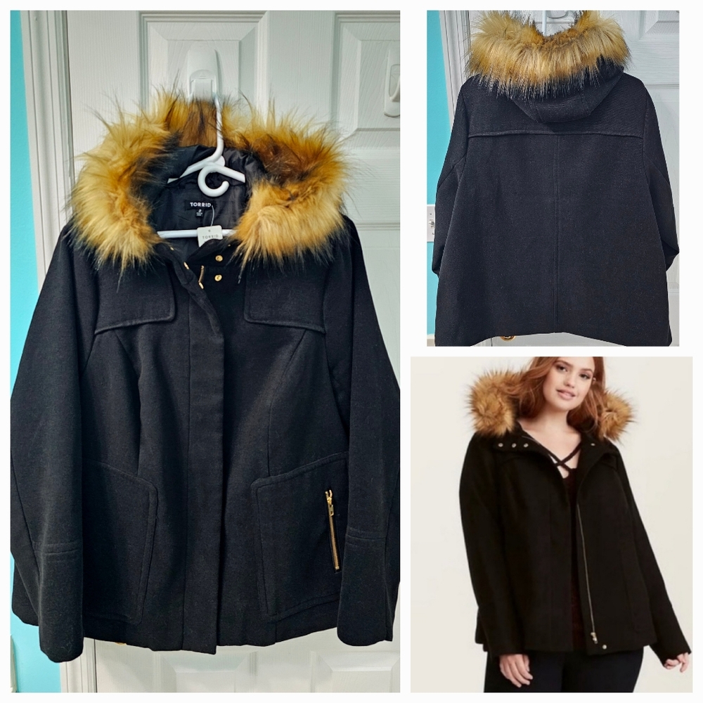 Torrid Black Wool Hooded Coat Fur 2x